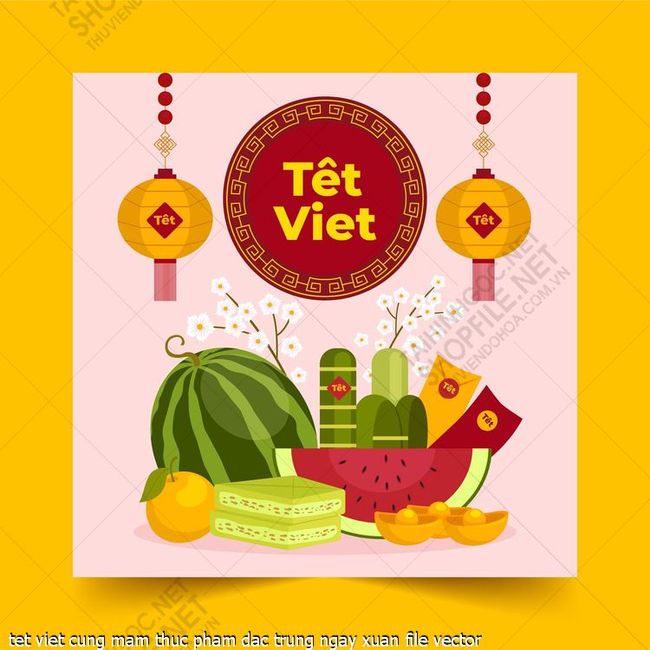 tranh nha hang tet viet cung mam thuc pham dac trung ngay xuan file vector